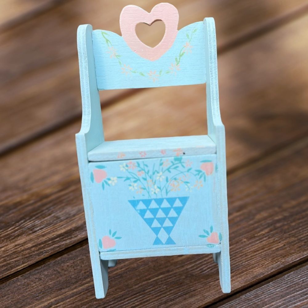 Vintage Wooden Small Painted Blue & Pink Decorative Accent. Hearts & Flowers.